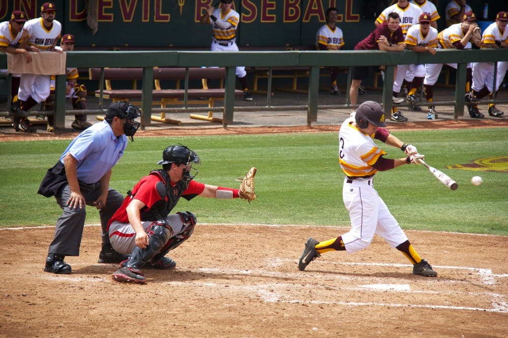 Junior infielder Tucker Esmay hits a pitch against Utah on Sunday, May 18 at Packard Stadium. ASU won 14-6. Photo by Becca Smouse