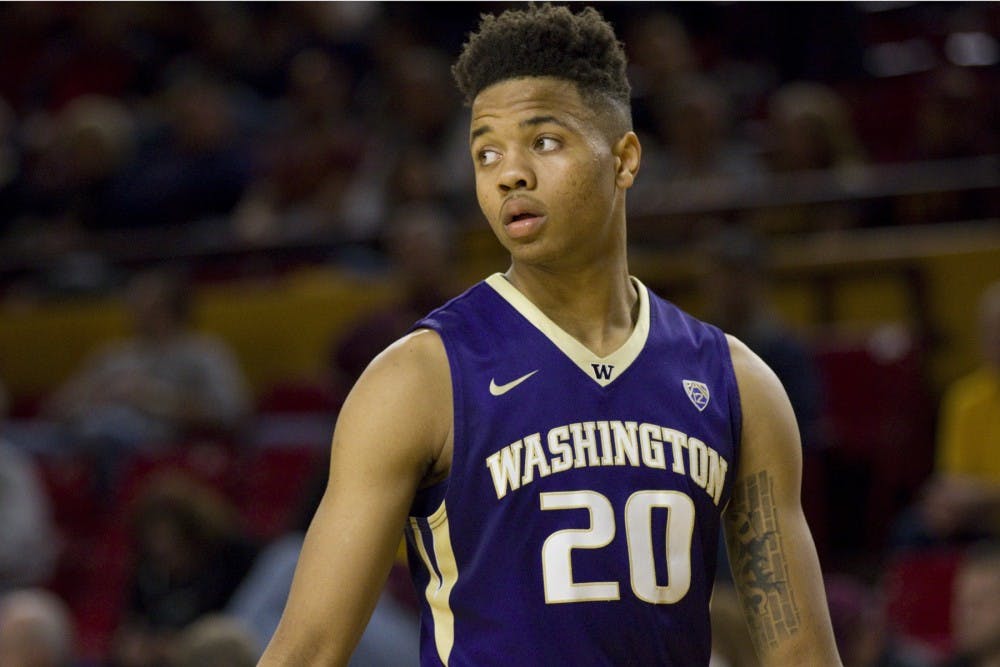 UW freshman guard Markelle Fultz (20) looks on to the court to direct his offense during a men's basketball game against the Arizona State Sun Devils in Wells Fargo Arena in Tempe, Arizona on Wednesday, Jan. 25, 2017. ASU won the game 86-75. (Josh Orcutt/State Press)