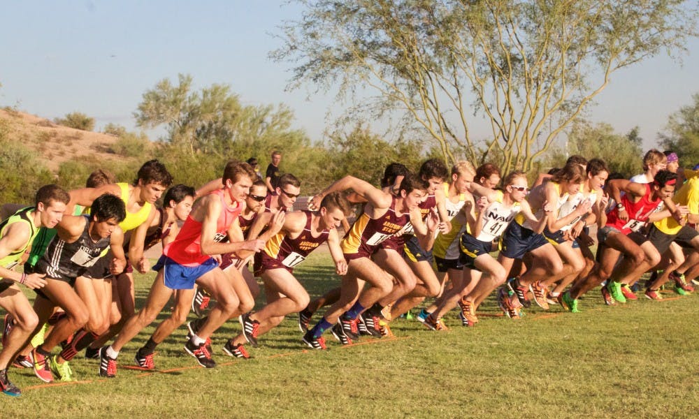Men's cross country competitors take their first steps at the starting line at the ASU cross country invitational on Friday, Oct. 23, 2015, in Papago Golf Course in Phoenix.