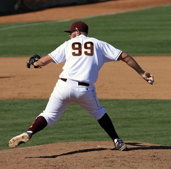 Jake Barrett throws a pitch in a game against UC Riverside on Feb. 26. Barrett and the Sun Devils’ bullpen are key contributors to the team’s recent success. (Photo by Sam Rosenbaum)