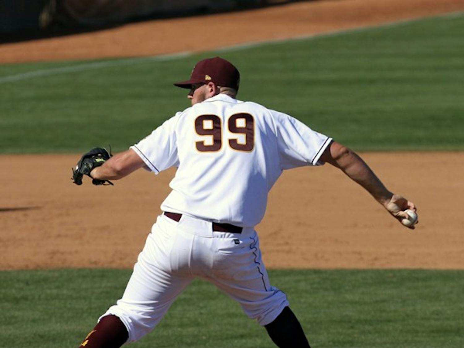 Jake Barrett throws a pitch in a game against UC Riverside on Feb. 26. Barrett and the Sun Devils’ bullpen are key contributors to the team’s recent success. (Photo by Sam Rosenbaum)
