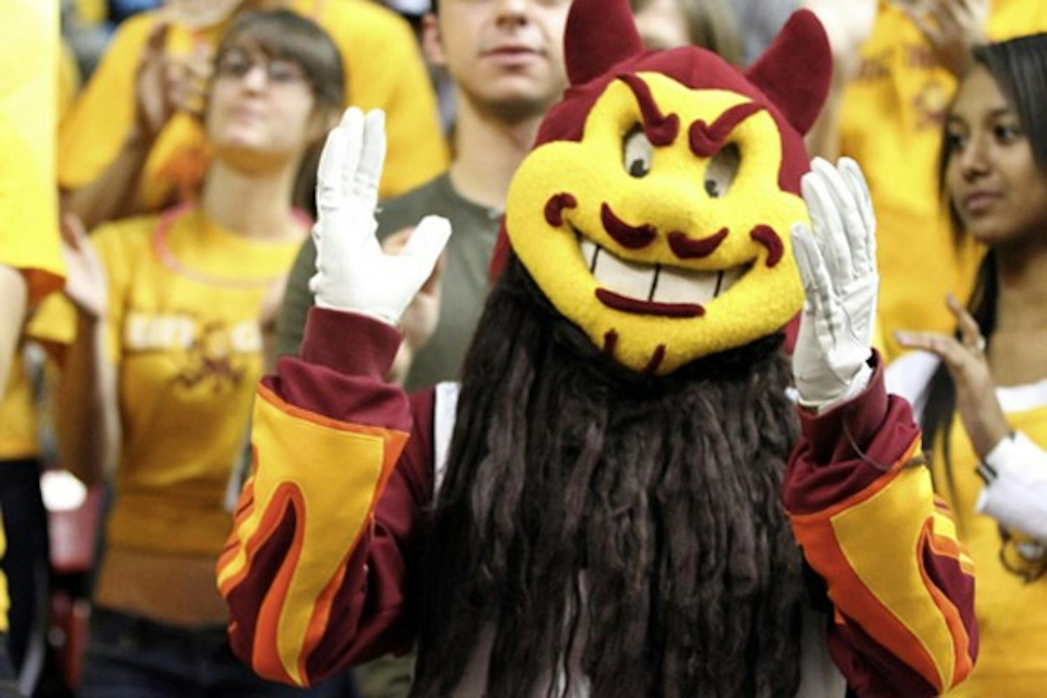 Sparky shows his support for No Shave November by wearing a beard to the James Harden "Fear the Beard" night at the men's basketball game Friday night. (Photo by Sam Rosenbaum)