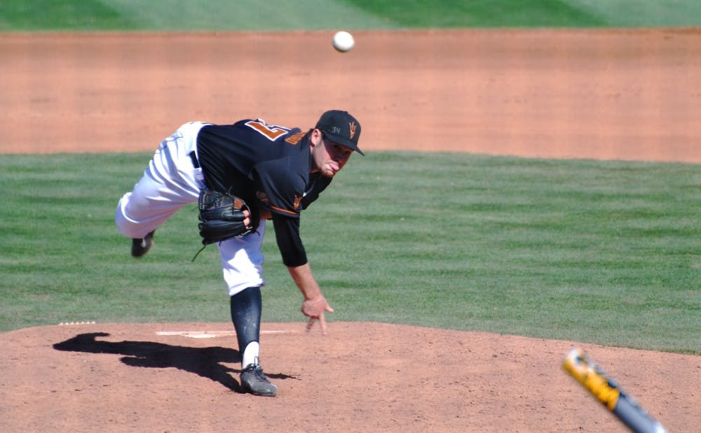 Senior pitcher Alex Blackford releases a pitch against Bethune-Cookman on Feb. 17. Despite Blackford’s relief efforts the Sun Devils were not able to pull of the sweep of the Wildcats. (Photo by Murphy Bannerman)
