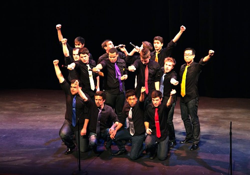 ASU all-male a capella group Priority Male ended their performance at Saturday night’s ICCA Competition with Usher's “DJ's Got Us Fallin' in Love.” The group won first place at the quarterfinals held at the Tempe Center for the Arts. (Photo by Perla Farias)