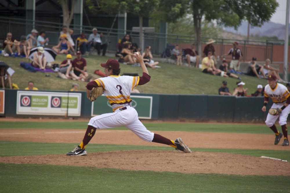 Freshman right-handed pitcher Seth Martinez throws a pitch to the Utah Utes
during the game on Sunday, May 18, at Packard Stadium. ASU won 14-6.