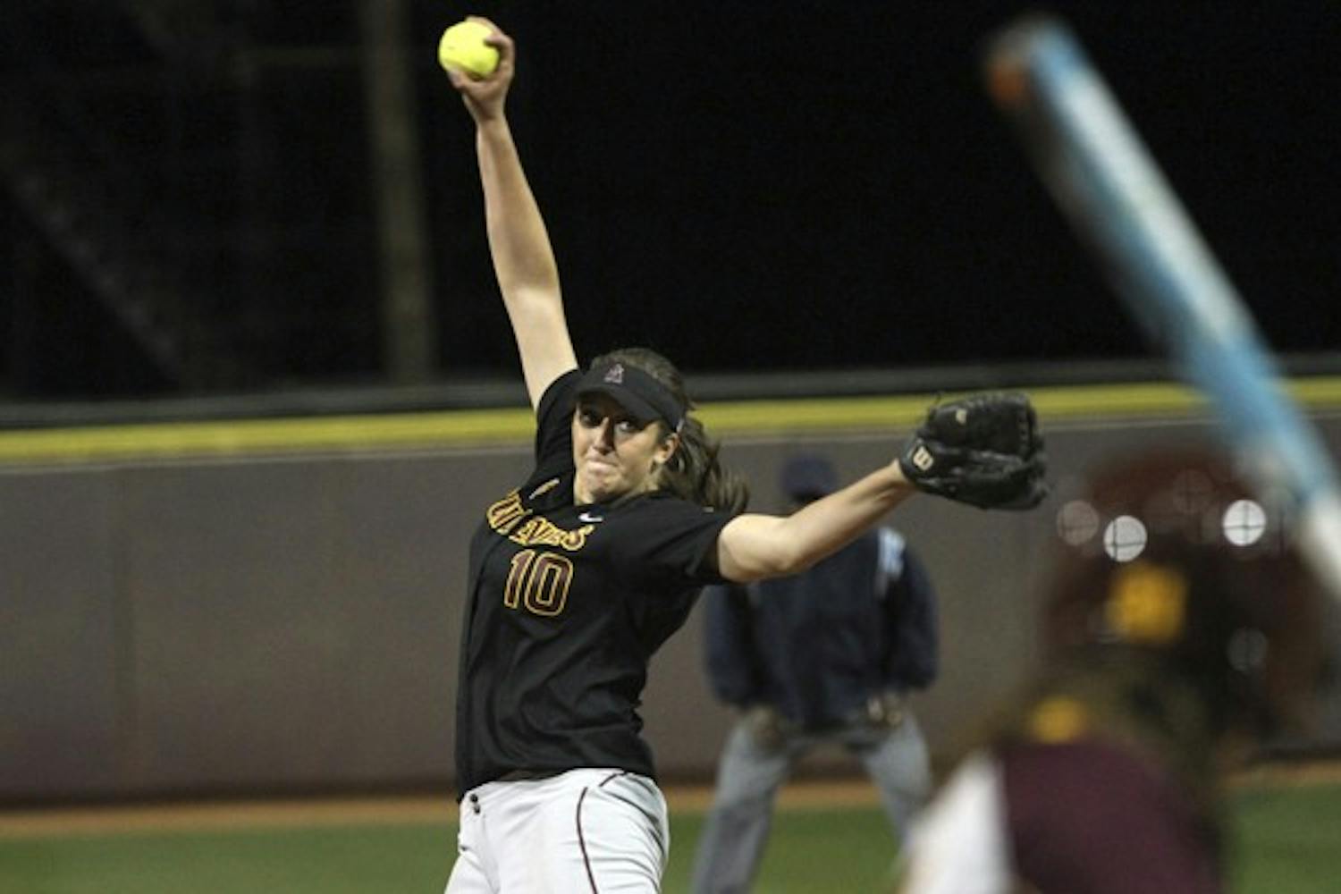 No contest: ASU redshirt freshman Mackenzie Popescue hurls a pitch from the circle during the Sun Devils’ 11-3 run-rule victory over UC Santa Barbara on Saturday. ASU completed the series sweep with a 9-1 win on Sunday. (Photo by Michael Arellano)