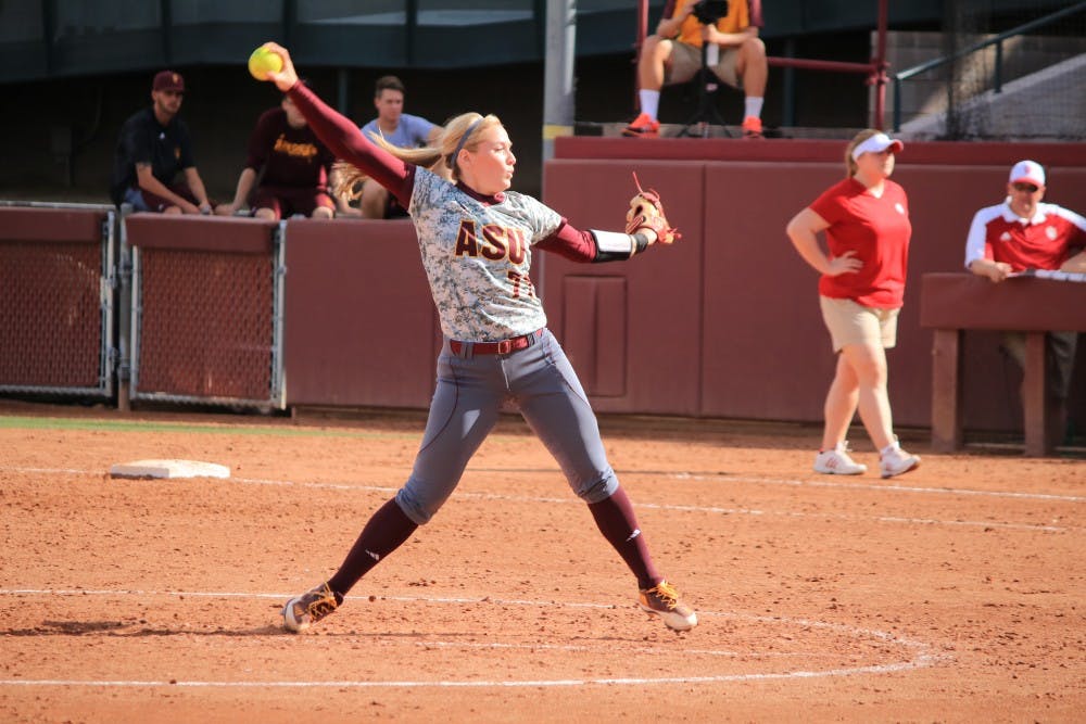 Junior pitcher Dale Ryndak (77), winds up for a pitch during a match against Indiana at Farrington Stadium in Tempe, Arizona on Saturday, Feb. 11, 2017. The Sun devils won the game 4 - 2.