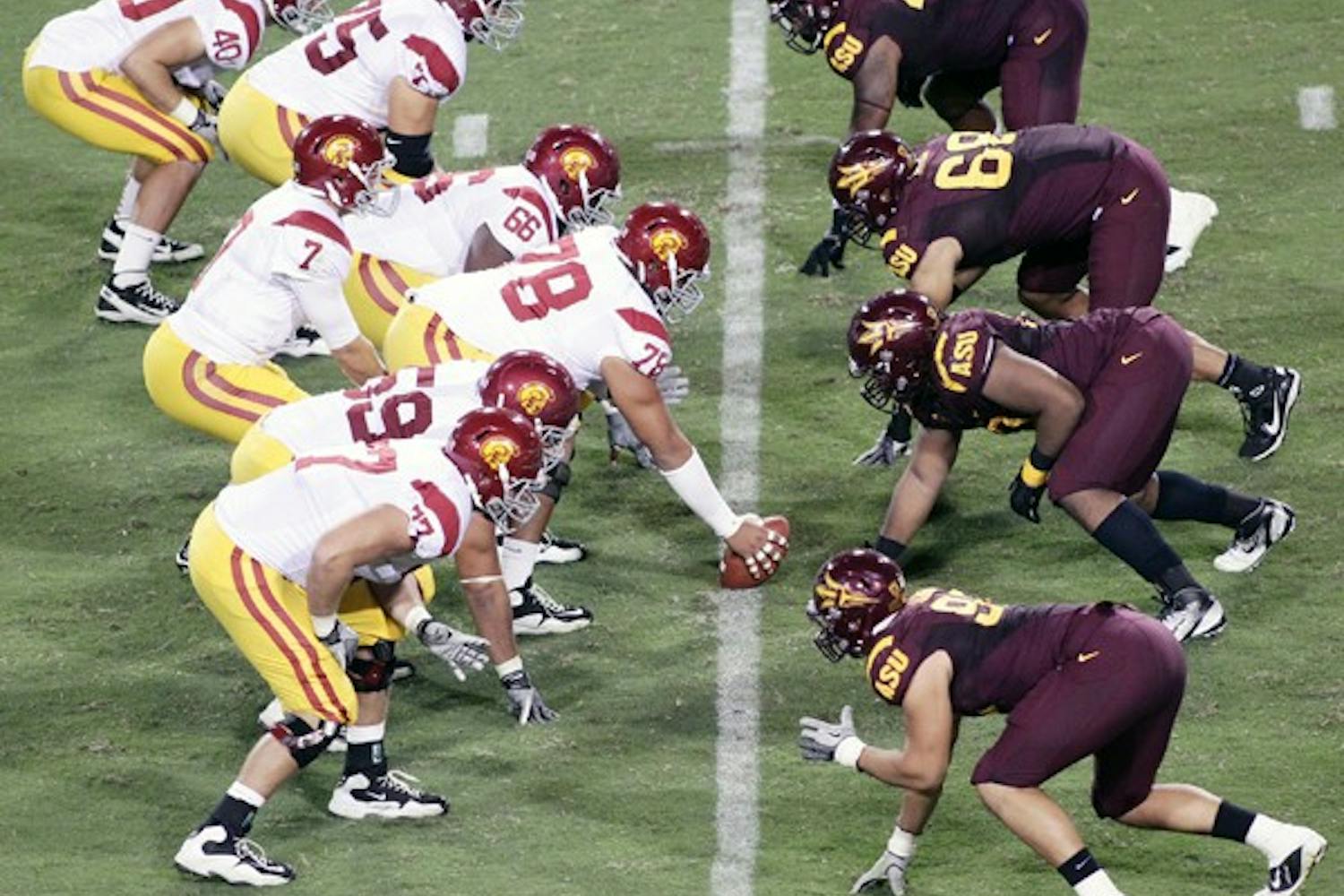 STERN TEST: ASU’s defensive line waits for USC junior quarterback Matt Barkley to snap the ball during the Sun Devils’ win on Saturday. Oregon State freshman quarterback Sean Mannion has to be able to handle the pressure from ASU’s D-Line if the Beavers want the upset. (Photo by Beth Easterbrook)