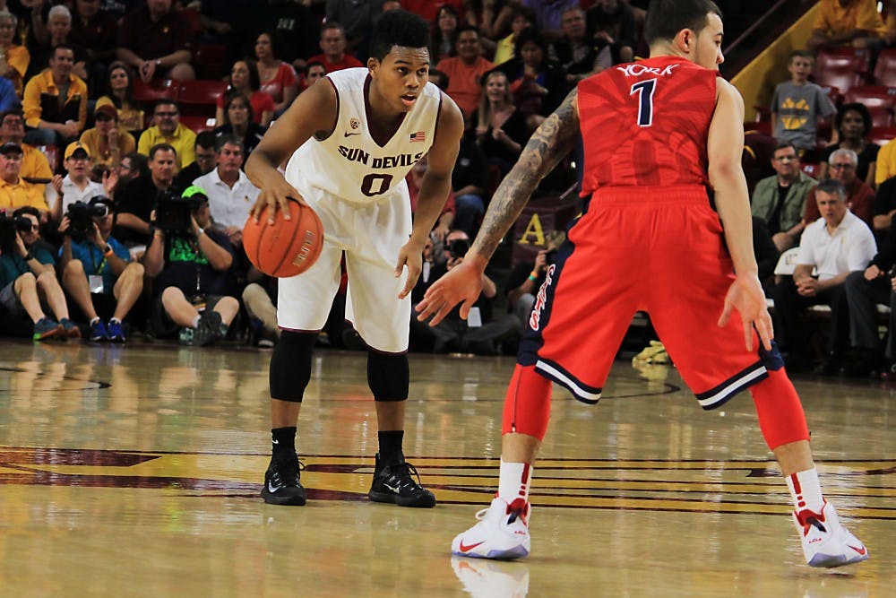 ASU freshman point guard Tra Holder dribbles his way through the Wildcats defense on Feb. 7, 2015, at Wells Fargo Arena in Tempe. The Sun Devils beat Arizona 81-78 in the closely fought home game. (Shiva Balasubramanian/ The State Press)