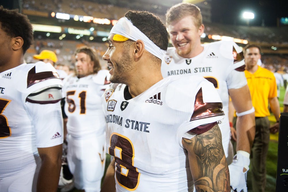 Senior wide receiver D.J. Foster enters the Pat Tillman Tunnel after defeating the New Mexico Lobos 34-10 on Friday, Sept. 18, 2015, at Sun Devil Stadium in Tempe.