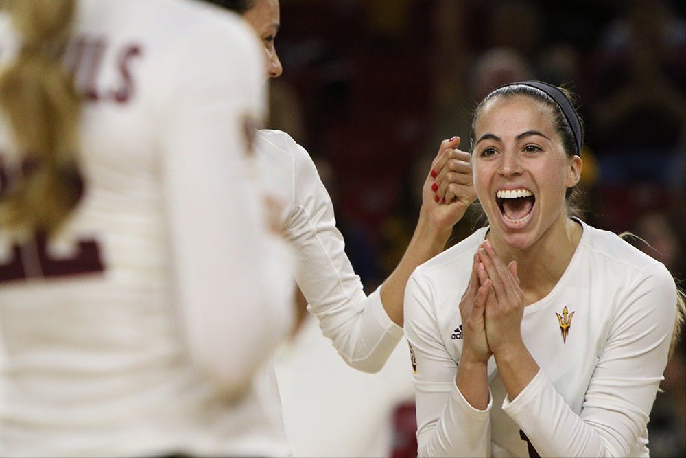 Senior setter Bianca Arellano reacts after winning a point against Gonzaga on Sunday, Sept. 13, 2015 at Wells Fargo Arena in Tempe. The Sun Devils defeated the Bulldogs 3-1 in four sets (25-23, 20-25, 25-14, 25-17).