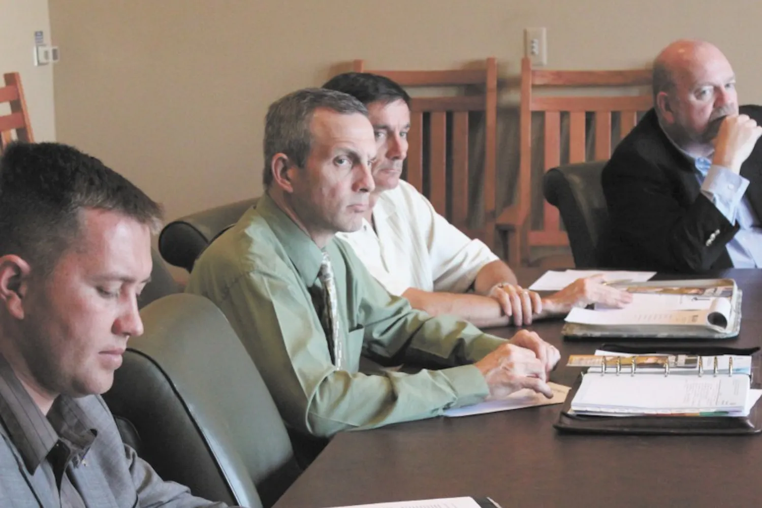 VET NOMINEES: Pictured from left to right, Corey Harris, Chris Rauschenbach, Jason Smith and Art O'Hagan listen to nominations for board members in the new ASU Alumni Association Veterans Chapter on Tuesday in Tempe. (Photo by Beth Easterbrook)