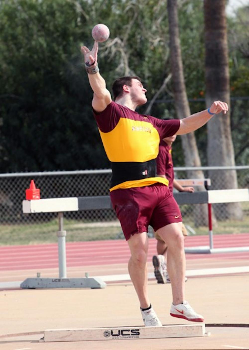 Jordan Clarke throws the shot put at the Baldy Castillo Invite on Mar. 19, 2011. Clarke looks to build upon his early season success at the Texas A&M Mondo Challenge this weekend. (Photo by Beth Easterbrook)