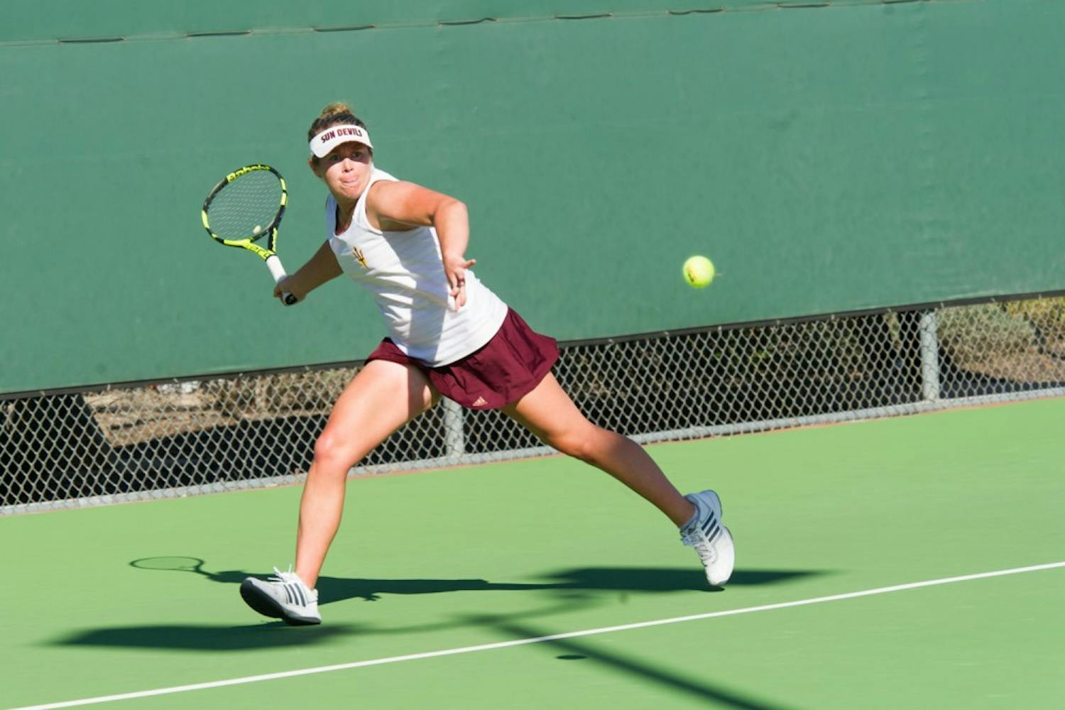 Gussie O'Sullivan junior returns the volley during the match against  the Princeton Tigers on Thursday, Jan. 28, 2016, at Whiteman Tennis  Center in Tempe, AZ.