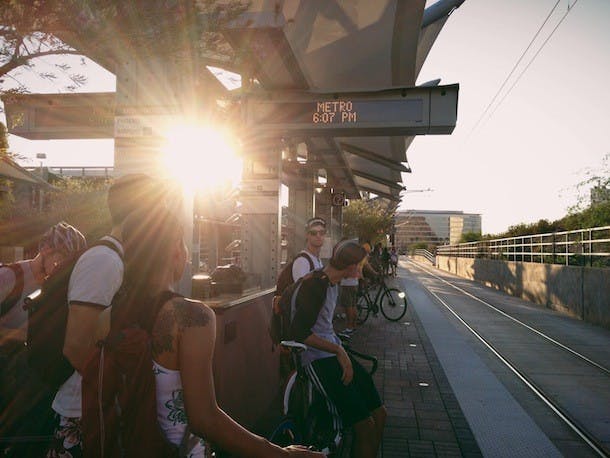 Members of Arizona State Cycling Community waiting to catch the lightrail to downtown for the Phoenix Critical Mass Ride.
Photo by Anil Petal 