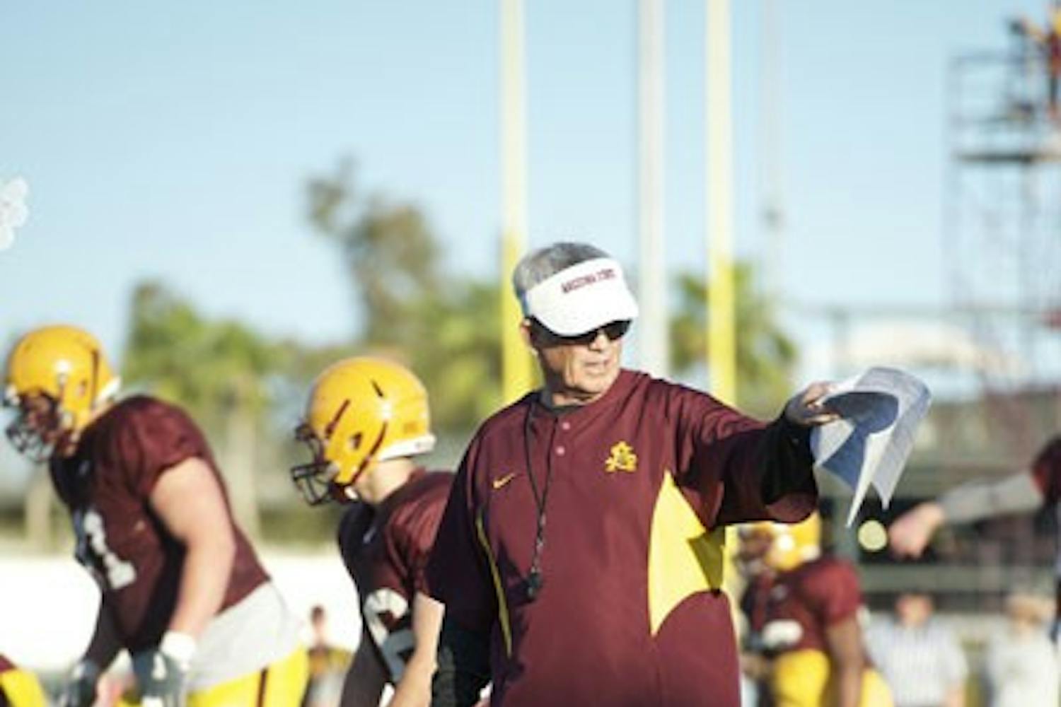 MAN IN CHARGE: ASU football coach Dennis Erickson directs his team during a spring practice earlier this month. The Sun Devils will hold their annual spring game on Saturday afternoon at Sun Devil Stadium. (Photo by Michael Arellano)