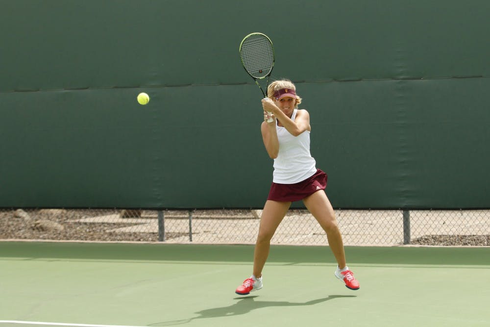 ASU sophomore Sammi Hampton competes in a singles match versus UNLA at the Whiteman Tennis Center in Tempe, Arizona on Wednesday, March 22, 2017. 