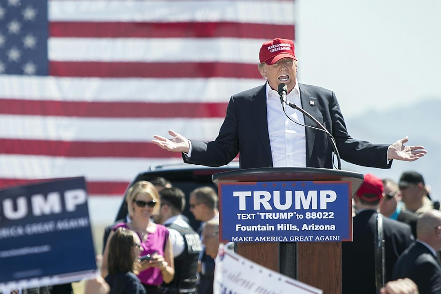 Presidential candidate Donald Trump speaks during his rally at Fountain Park in Fountain Hills, Arizona, on Saturday, March 19, 2016. 