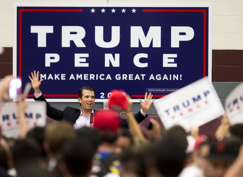 Donald Trump Jr. speaks to a crowd during a campaign stop for his father Donald Trump, the Republican presidential nominee, in the Sun Devil Fitness Complex on the ASU Tempe campus on Thursday, Oct. 27, 2016. 