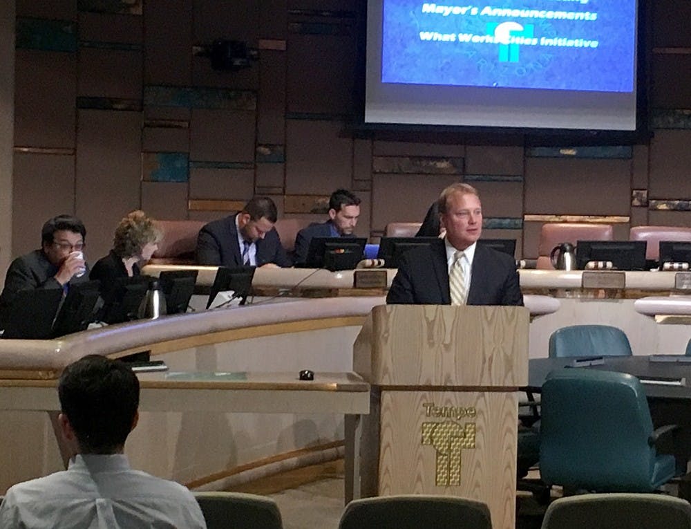 Tempe Mayor Mark Mitchell speaks at the Tempe City Council meeting where the ASU sustainability project was approved on Thursday, Feb. 9th, 2017.