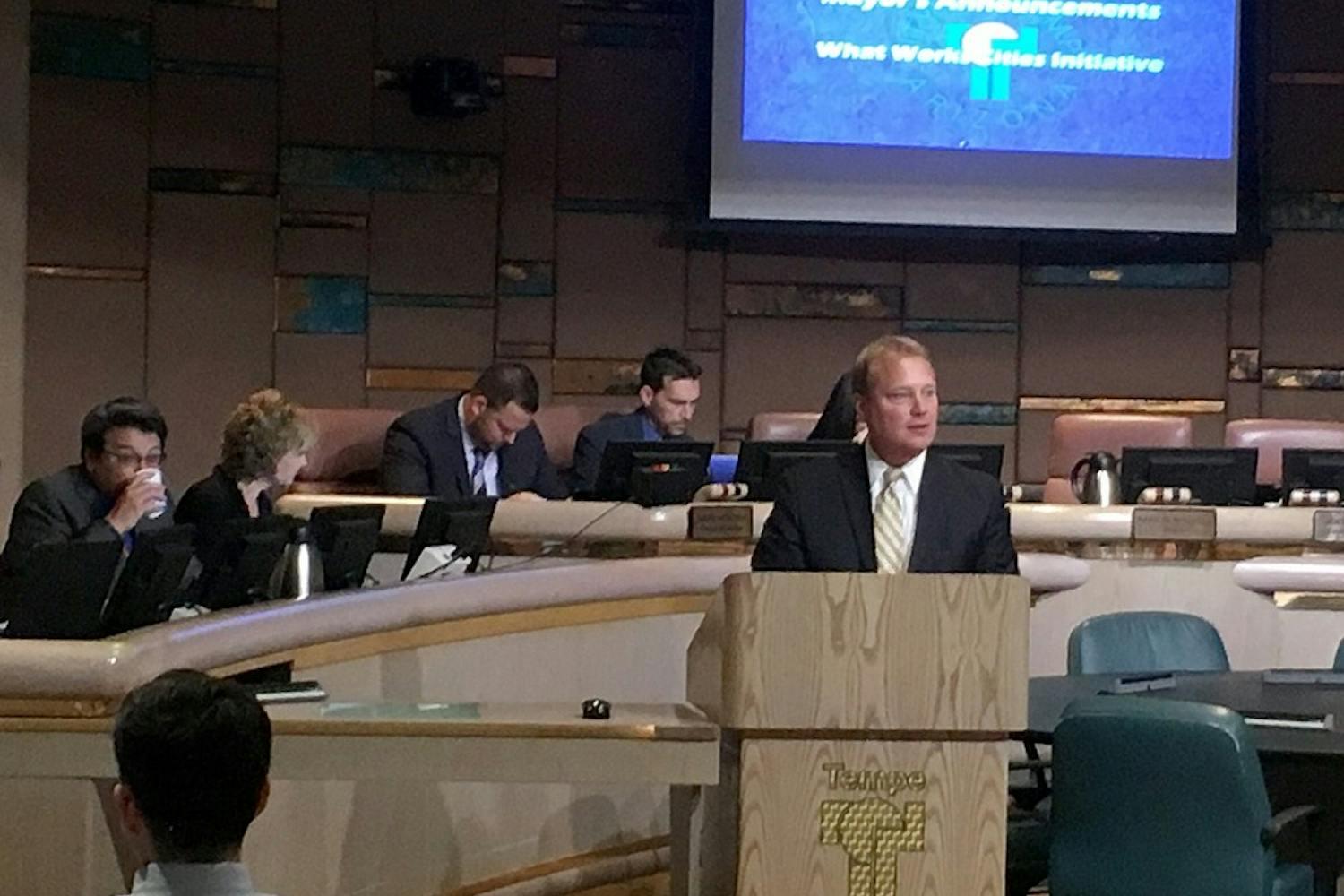 Tempe Mayor Mark Mitchell speaks at the Tempe City Council meeting where the ASU sustainability project was approved on Thursday, Feb. 9th, 2017.