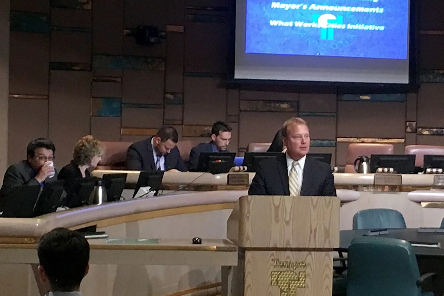 Tempe Mayor Mark Mitchell speaks at the Tempe City Council meeting where the ASU sustainability project was approved on Thursday, Feb. 9th, 2017.