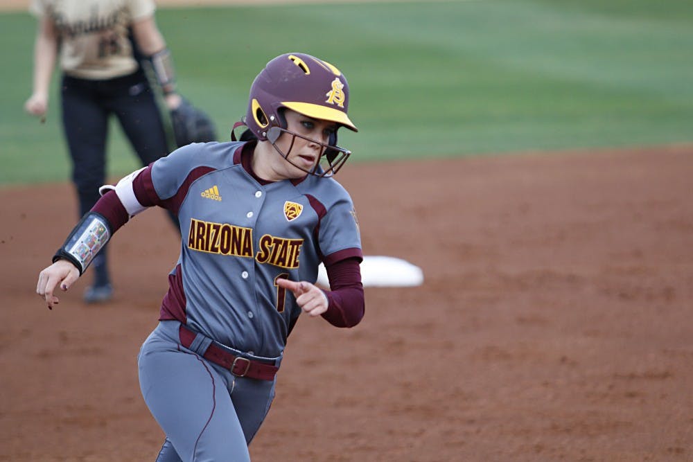 Sophomore outfielder Skylar McCarty (1) runs to third base during a game against Purdue at Alberta B. Farrington Softball Stadium in Tempe, Arizona, on Friday, Feb. 10, 2017. The Sun Devils won the game, 3-0.