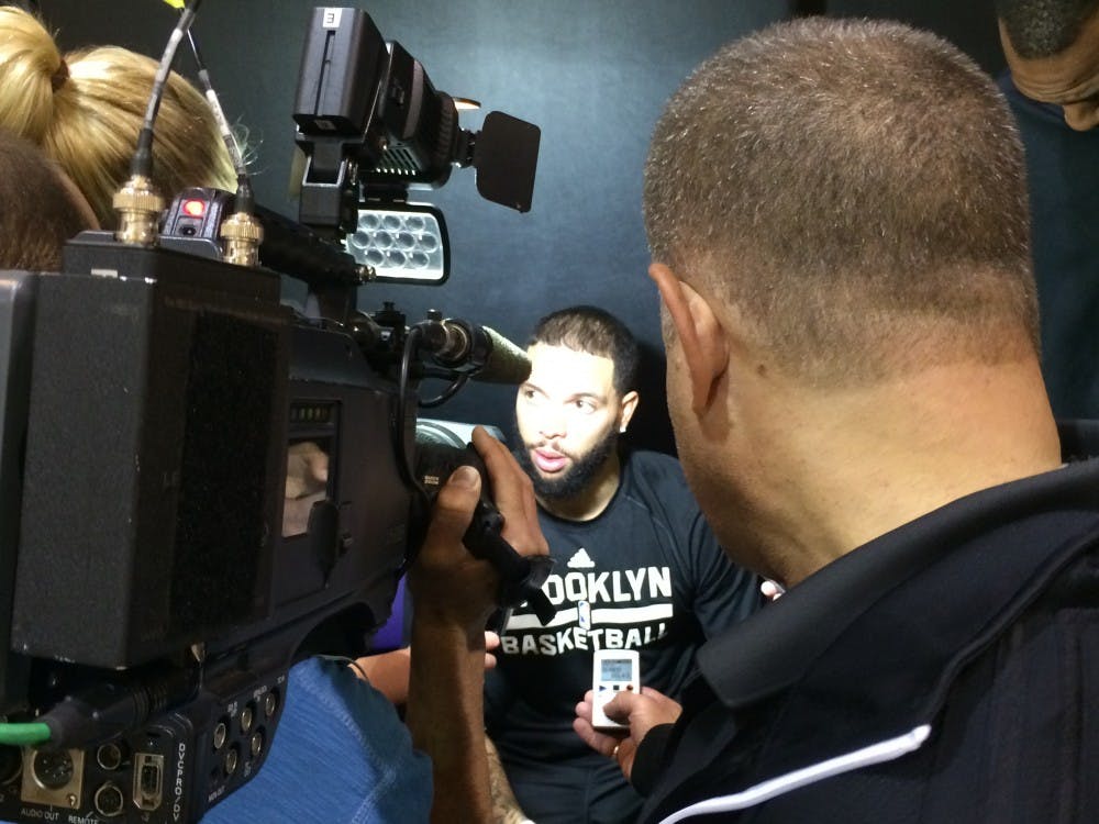 Brooklyn Nets point guard Deron Williams speaks with the media during shootaround prior to the Nets' matchup with the Phoenix Suns on Wednesday, Nov. 12, 2014. (Photo by Stefan Modrich)