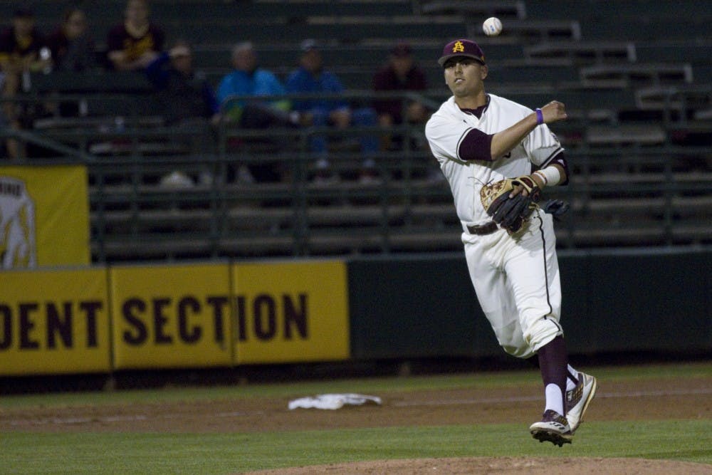 ASU freshman infielder Carter Aldrete (21) slings the ball over to first base during game one of a baseball series versus Loyola Marymount University at Phoenix Municipal Stadium in Phoenix on Friday, March 3, 2017. ASU won the first game of the series 2-1. 