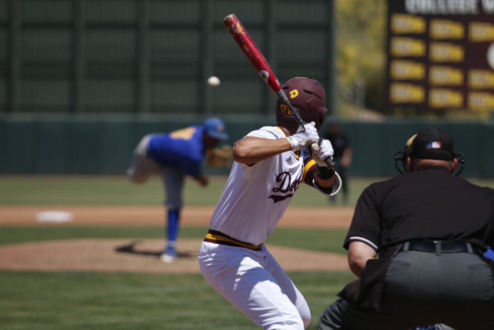 ASU freshman catcher Lyle Lin (27) is up to bat in a baseball game versus CSU Bakersfield at the Phoenix Municipal Stadium in Tempe, Arizona on Sunday, April 23, 2017. The Sun Devils lost 8-6.