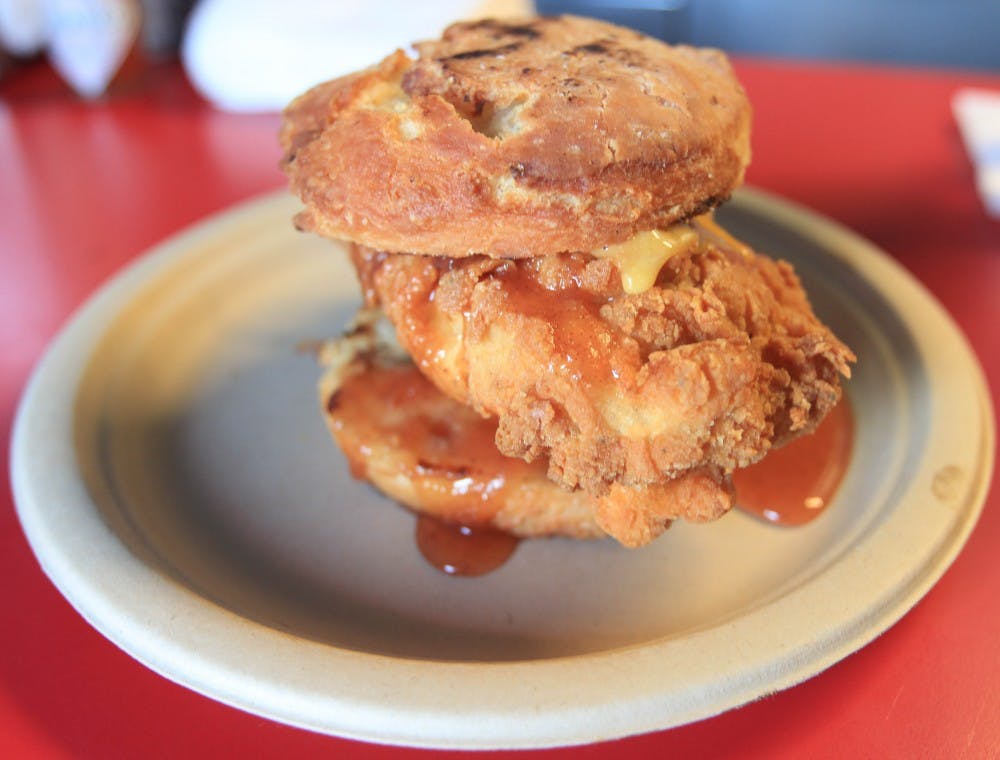 Fried chicken topped with homemade apple butter and a biscuit bun. Welcome Diner prides itself on the fact that most of their ingredients are purchased by local purveyors in the valley.
Photo by Dominic Valente