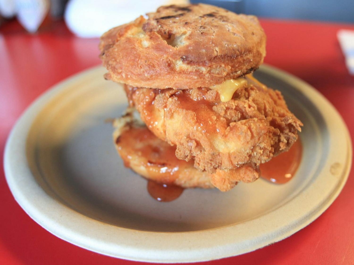 Fried chicken topped with homemade apple butter and a biscuit bun. Welcome Diner prides itself on the fact that most of their ingredients are purchased by local purveyors in the valley.
Photo by Dominic Valente
