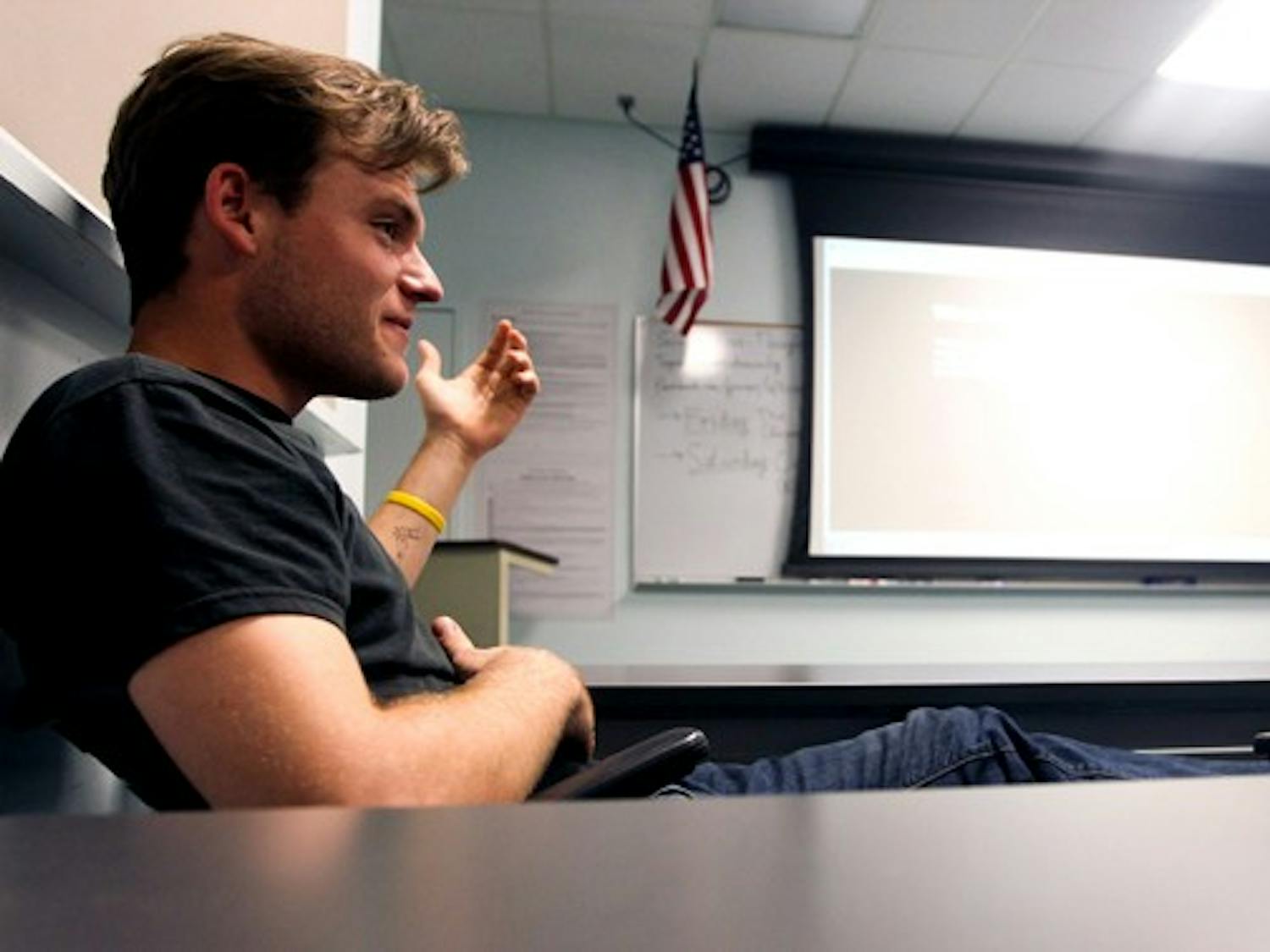 ASU senior Shane Garst speaks up at a Secular Free Thinker's Society meeting. Garst, who is majoring in German and Russian studies, is the leader of the club. (Photo by Dominic Valente)