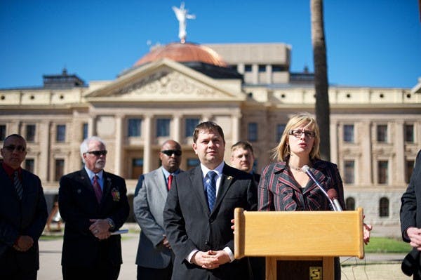 SERVICE WAIVER: Arizona State Senator Kyrsten Sinema, joined by Representative Ruben Gallego, announces the introduction of a bill that would provide a full tuition waiver to honorably discharged members of the armed services at any of Arizona’s three state universities. (Photo by Michael Arellano)