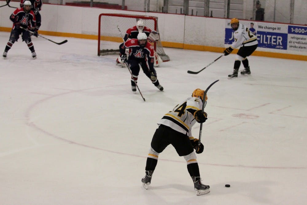 Alex Temby gears up to take a shot against the University of Arizona team at Oceanside Arena. The Sun Devils won 6-0 against their rival. (Photo by Diana Lustig)