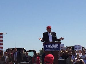 GOP frontrunner Donald Trump addresses a crowd of 10,000 in Fountain Hills on Saturday.