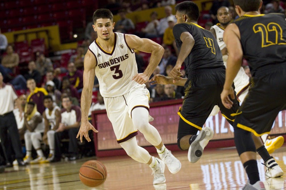 ASU freshman guard Sam Cunliffe (3) looks to drive in a 98-53 exhibition victory over the UC Santa Cruz Banana Slugs in Wells Fargo Arena in Tempe, Arizona, on Thursday, Nov. 3, 2016.