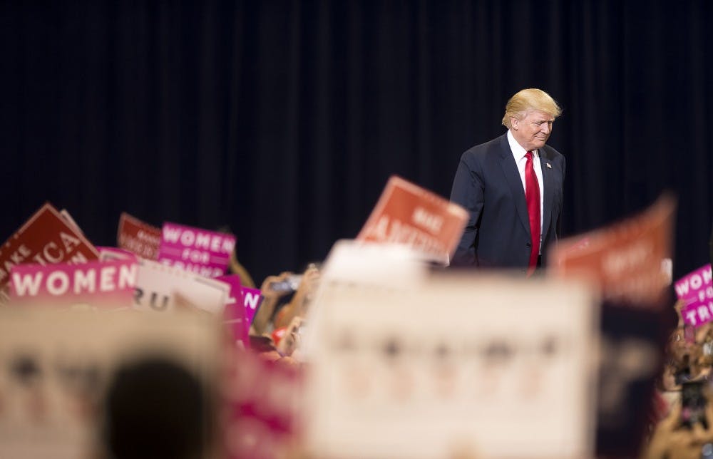 Republican presidential nominee Donald Trump speaks during a campaign stop in the Phoenix Convention Center, in Phoenix, Arizona, on Saturday, Oct. 29, 2016.