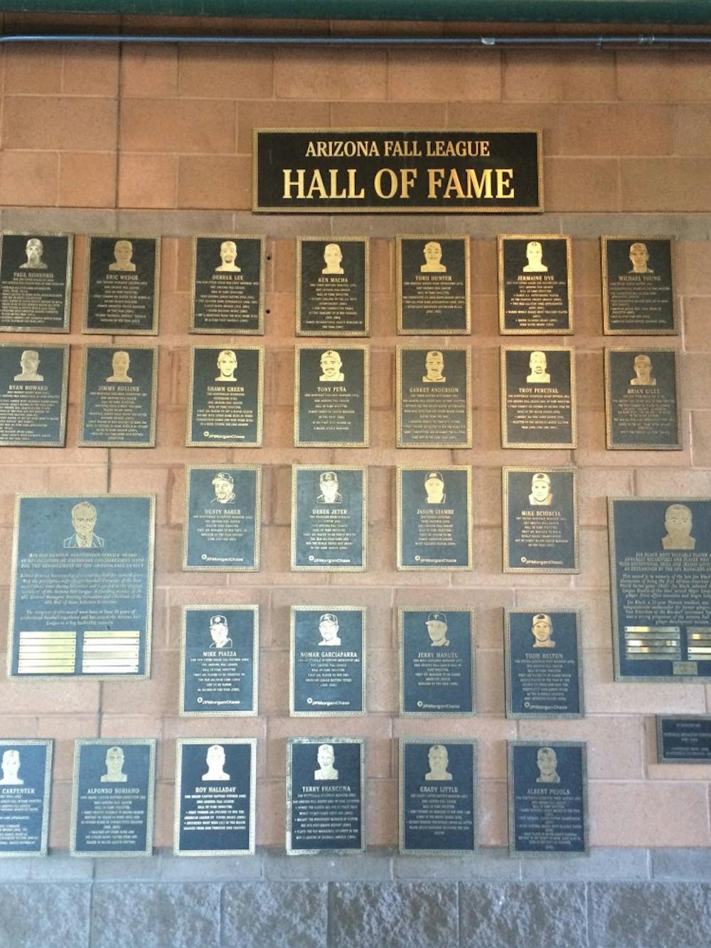 Plaques hang on a wall in the inner concourse of Scottsdale Stadium, where the Arizona Fall League Hall of Fame is headquartered. (Photo by Stefan Modrich)