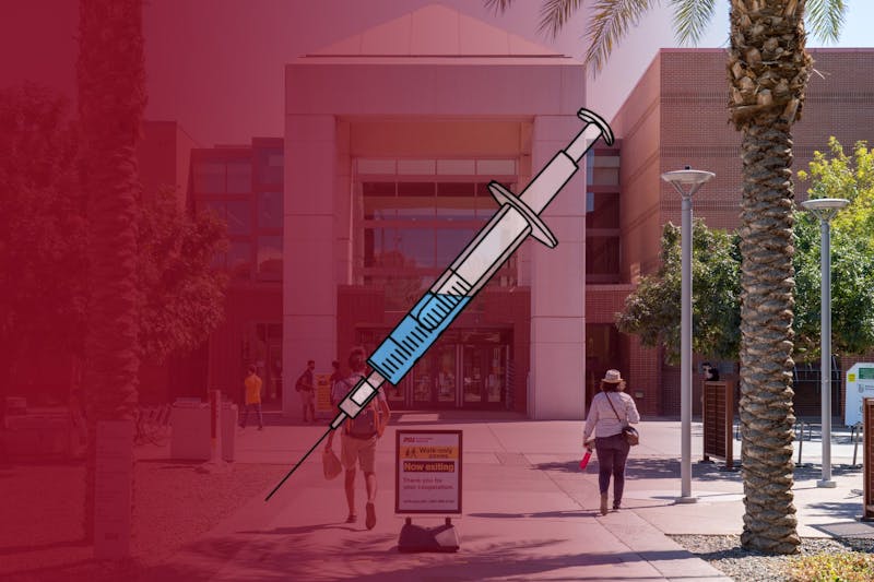 An illustration imposed on a photo of the Sun Devil Fitness Complex at the ASU Tempe campus on Friday, Sept. 4, 2020. The SDFC will be used to distribute vaccines on campus.