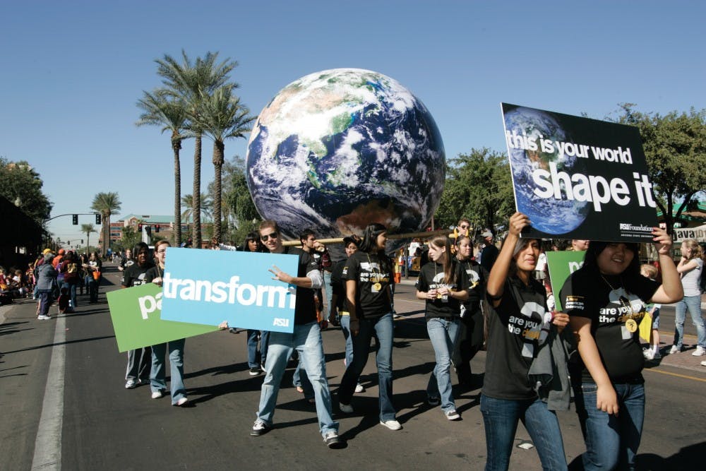 ASU students from the Julie Ann Wrigley Global Institute&nbsp;of Sustainability walk on campus on&nbsp;Oct. 31, 2009.&nbsp;