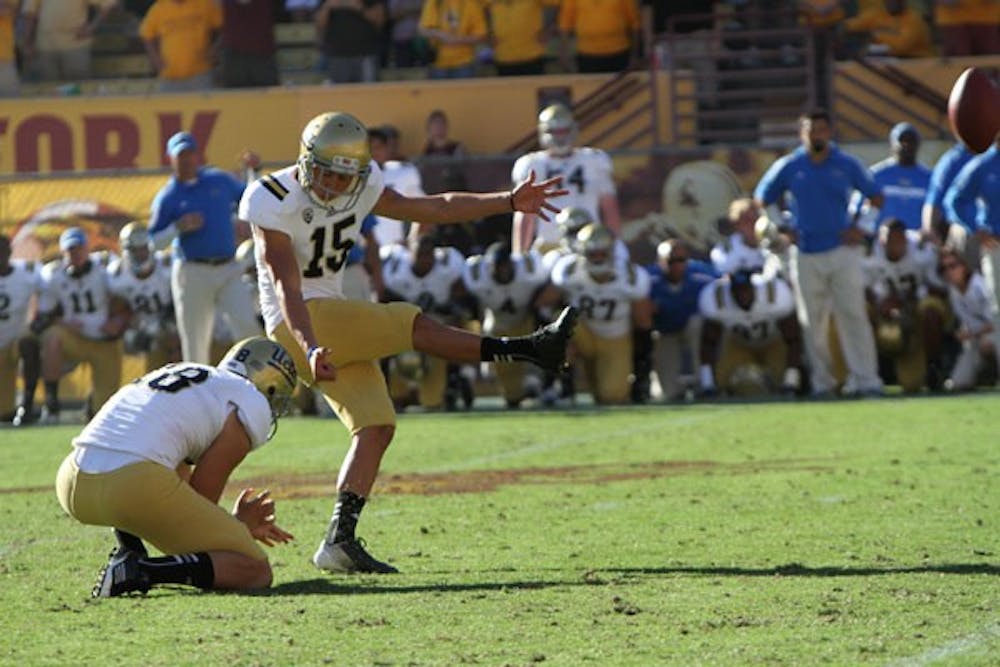 UCLA freshman kicker Ka’imi Fairbairn launches a 33-yard field goal that gave the Bruins their 45-43 win over the Sun Devils Saturday. (Photo by Vince Dwyer)