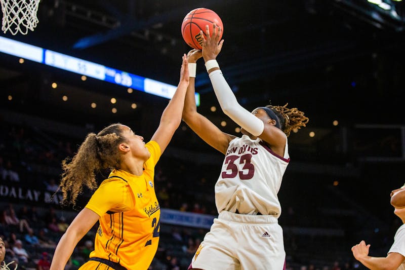 ASU senior forward Ja’Tavia Tapley (33) shoots a basket while Cal freshman forward Evelien Lutje Schipholt (24) attempts to block her at the PAC-12 Women’s Basketball Tournament on Thursday, March 5, 2020, at the Mandalay Bay Events Center in Las Vegas.
