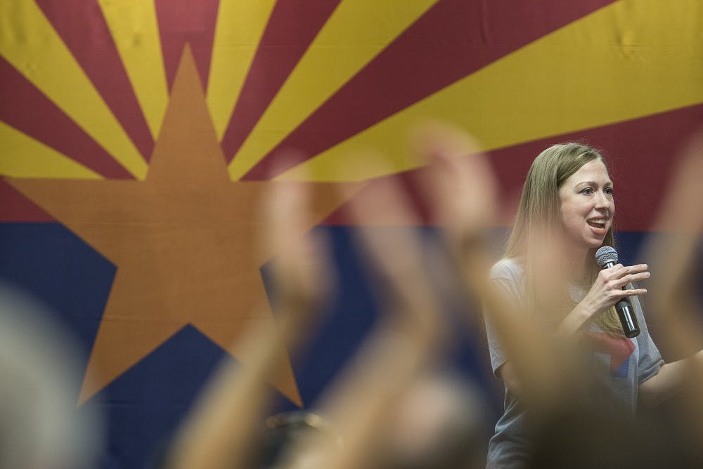 Chelsea Clinton speaks to an applauding crowd during a stop for the Hillary Clinton campaign in the MU on the Tempe campus on Wednesday, Oct. 19, 2016. 