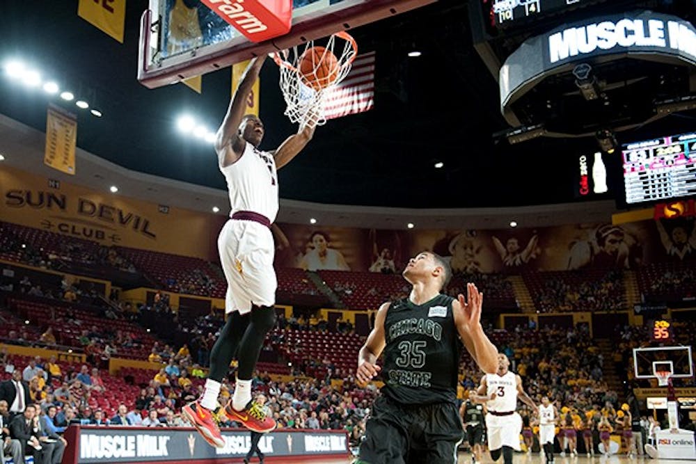 Junior guard Roosevelt Scott goes up for a layup in a game against Chicago State, Friday. Nov. 14, 2014 at Wells Fargo Arena in Tempe. The Sun Devils defeated the Cougars 81-67.