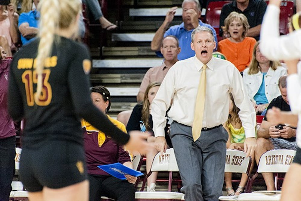 Head coach Jason Watson reacts to a call in a match against the University of Washington, Friday, Oct. 17 at Wells Fargo Arena in Tempe. The Huskies swept the Sun Devils, 3-0.