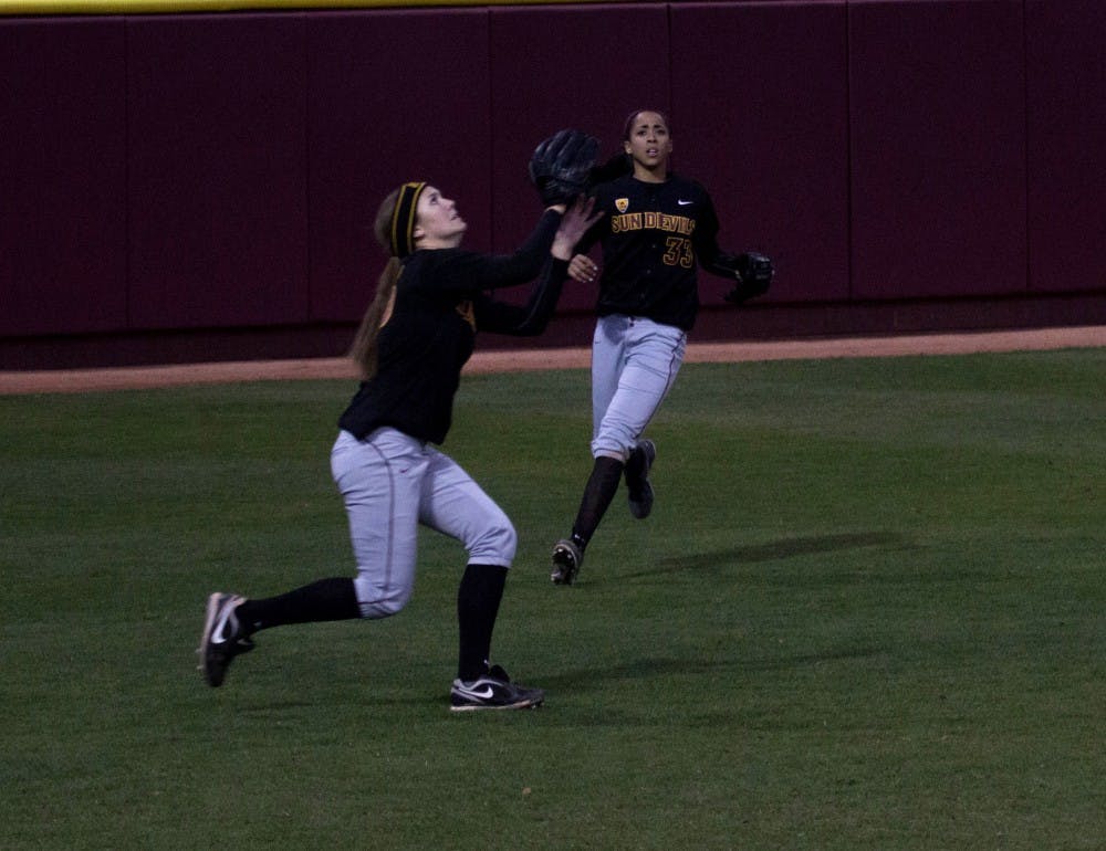 Center fielder Elizabeth Caporuscio is seen in pursuit of a pop fly at a home game. The sophomore is ranked 16th all-time at ASU for home runs. (Photo by Dominic Valente)