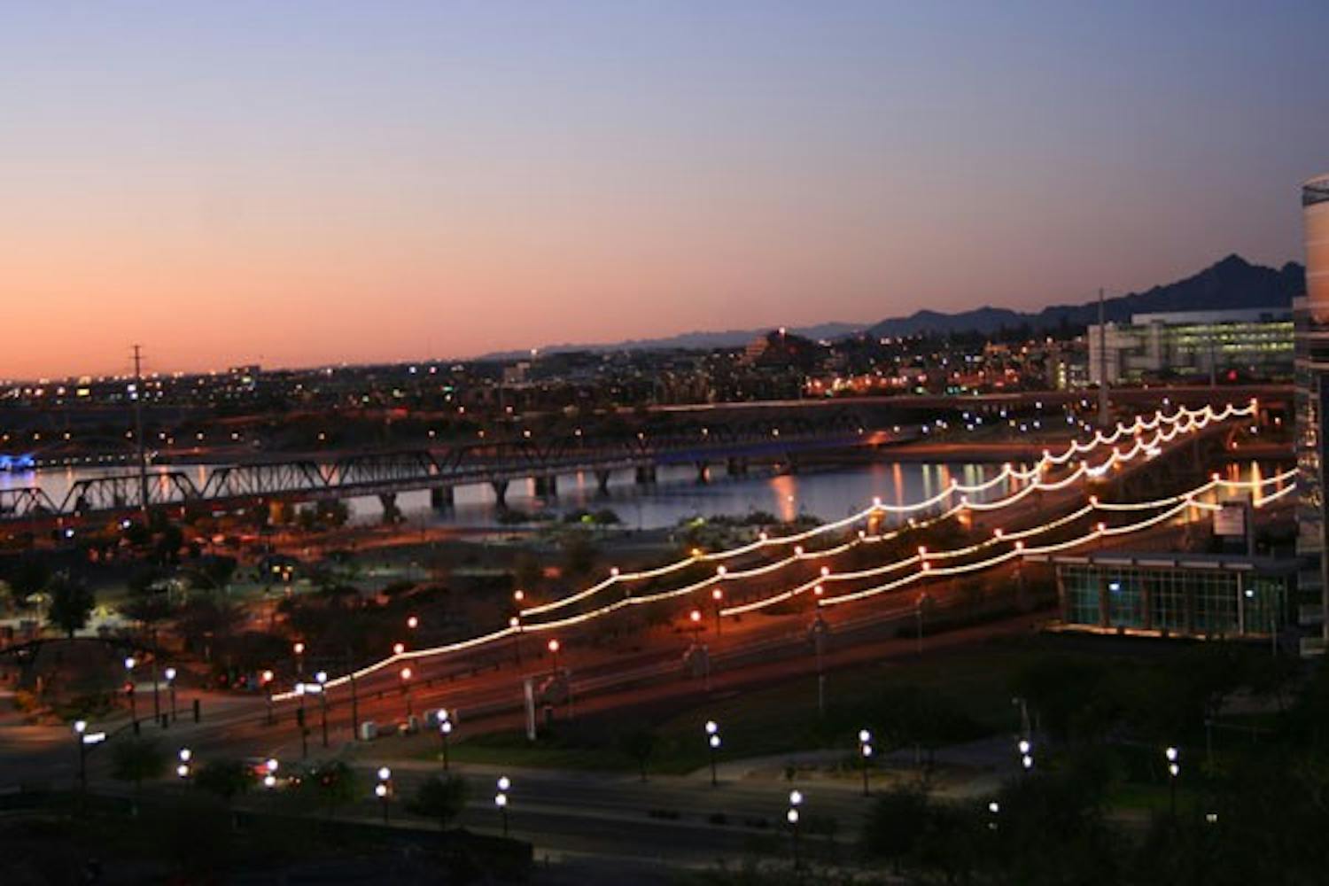 Lights twinkle on the bridge at Tempe Town Lake. (Photo by Manikandan Vijayakumar)