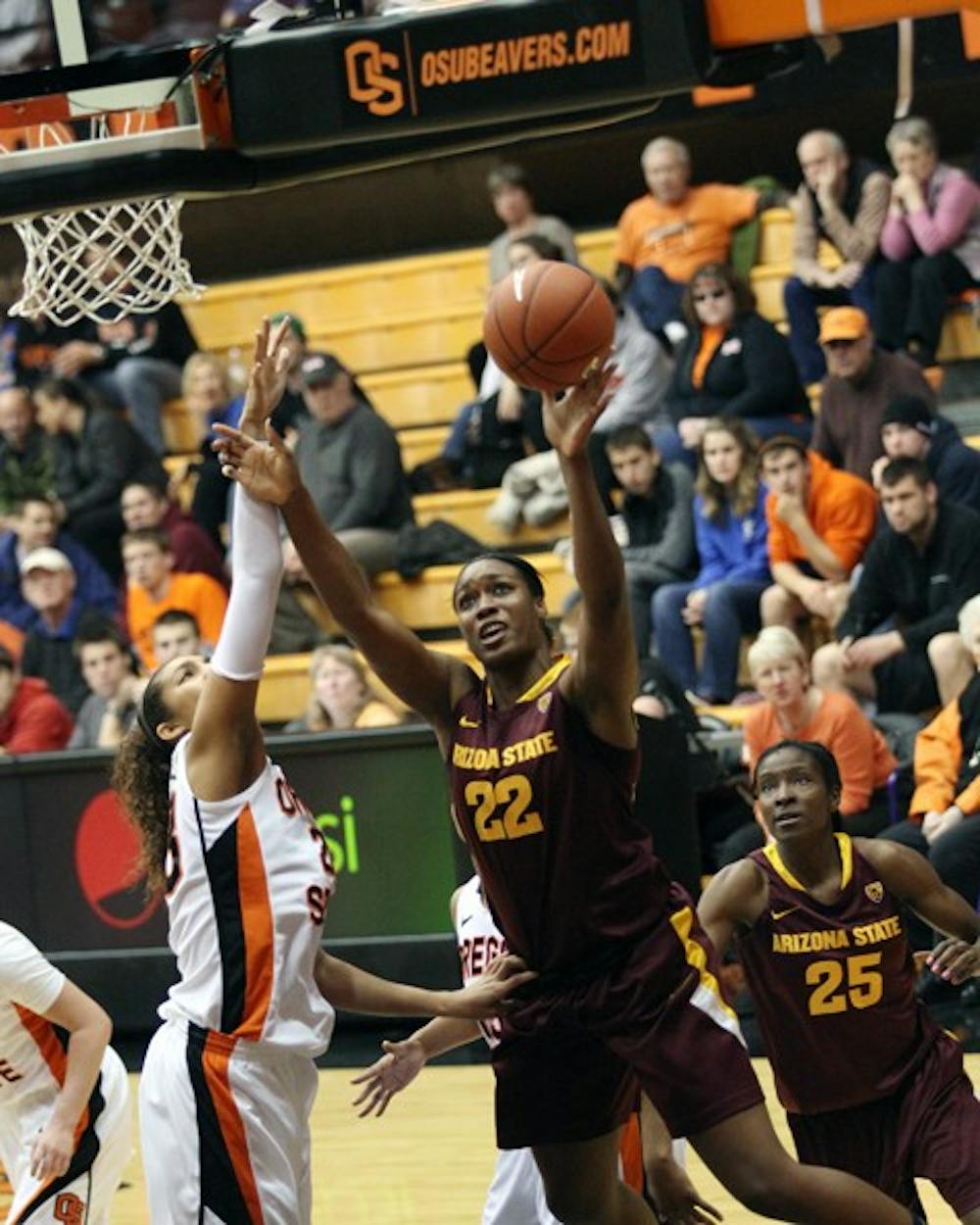 Janae Fulcher looks to shoot against Oregon State Jan. 12. The Sun Devils lost 56-51 to the Oregon State Beavers Thursday night in Corvallis, Ore. (Photo courtesy of Steve Rodriguez)