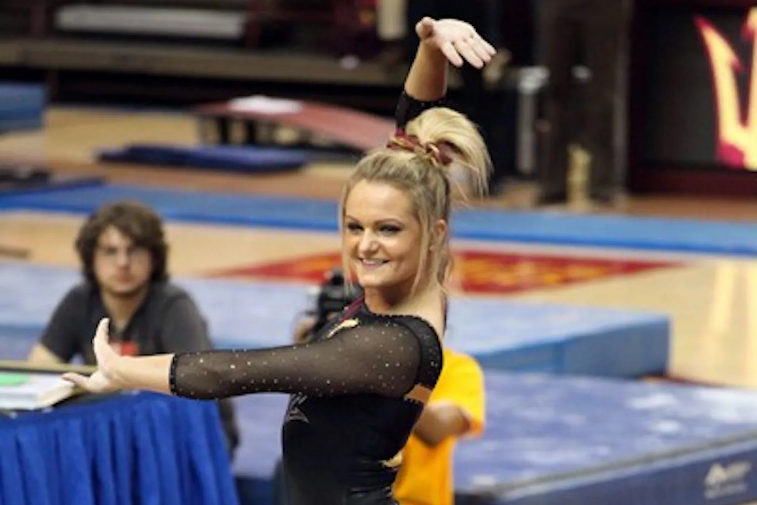 Natasha Sundby performs a floor routine in a meet against Cal on Jan. 20. Sundby and the Sun Devils will look to score well in this weekend’s NCAA regional meet in order to qualify for nationals. (Photo by Beth Easterbrook)